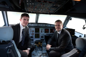 Repro Free: Tuesday 22nd December 2015. Aer Lingus today welcomed its newest group of recruits for the 2016 Cadet Pilot Training Programme. This years campaign attracted a huge response with over 2800 applications for the 12 places available. Since the programme was re introduced in 2011, almost 60 cadets have been chosen of which 15% have been female.  This years group of twelve recruits (of which 4 are female) hail from Republic of Ireland, Northern Ireland and Scotland. Pictured is Thomas Turley from Downpatrick, Co. Down and Johnathon Moore from Bangor Co. Down. Picture Jason Clarke